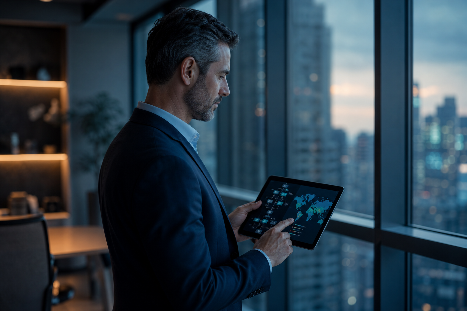 Business leader reviewing a contingency plan and risk map on a tablet, representing mobility change management