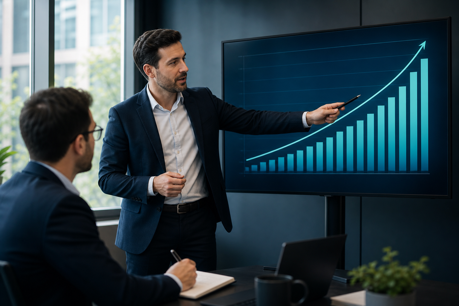 Business analyst pointing at an upward ROI growth chart, representing measurable return on mobility investment